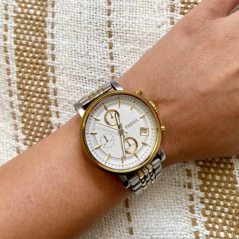 Fossil Boyfriend Tri- tone Silver Dial Ladies Watch- ES3840